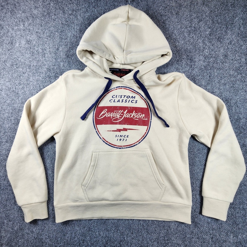 Barrett-Jackson Custom Classics Hoodie Cream Pullover Small Car Auction Graphic